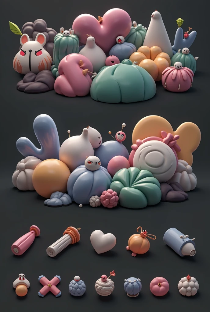 a set of objects of different colors on a black background, 3d stylized graphics, Stylized 3D rendering, beautiful 3d rendering, game icon feature, 3D icon for mobile game, miscellaneous objects, Matte 3D illustration, super detail of each object, game assets, video game assets, 3d stylized, blender design assets, 3d illustration