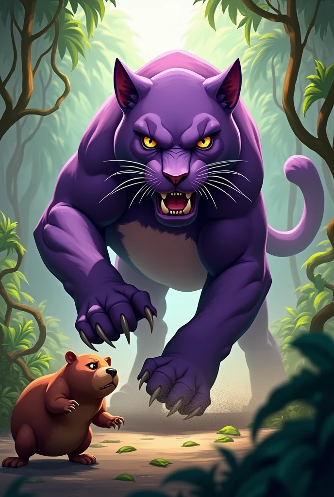 Make me a purple panther attacking a scared Capybara