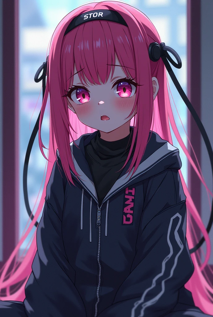 アニメ, girl with scene hair, pale, dark circles, sitting on a kawaii background with yandere vibe cyber core uniform