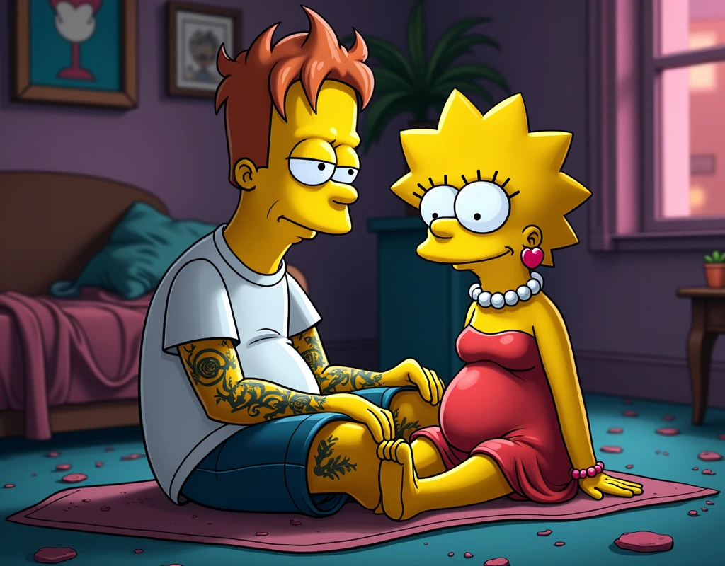 Lisa Simpson with human appearance, tattooed punk. Milhause van Houten pregnant and human, with white t-shirt and tattoo, an image by Zack Snyder, tumblr, romanticism, leaked image, cyberpunk, without words 4k, without text, gothic art, cyberpunk comic, super high resolution, in a cinematic Gothic movie , cyberpunk style comics, Lisa sitting in love on Milhause's knees, 8K.