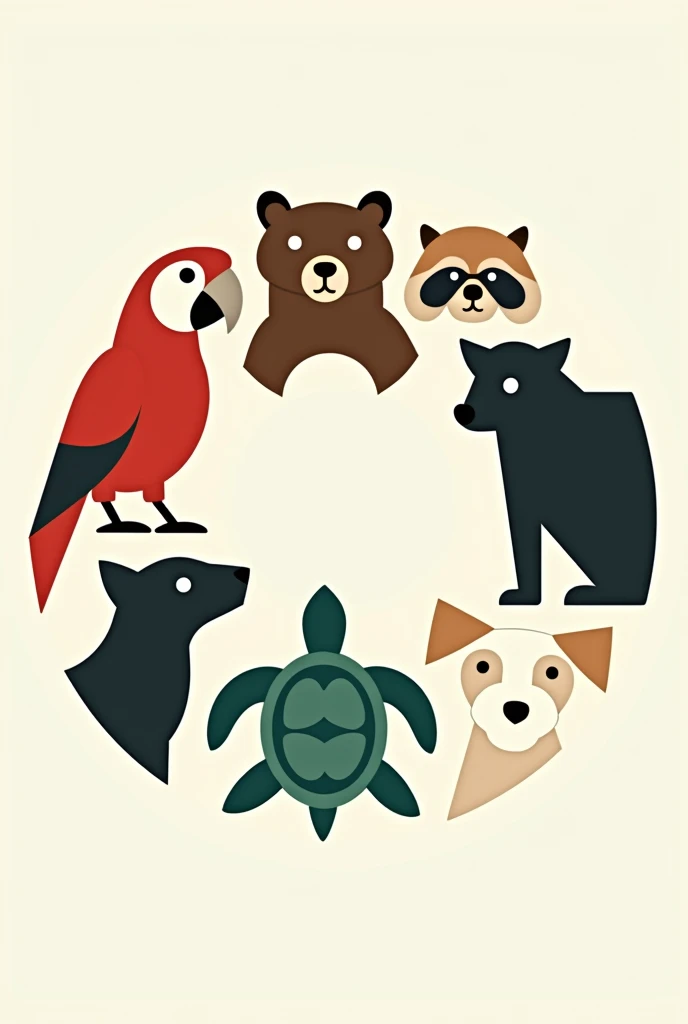 A circle with the symbol of a Scarlet Macaw, the symbol of a brown bear, the symbol of a Raccoon, the symbol of a black dog, the symbol of a sea turtle, the symbol of a Jaguar and the symbol of a white dog in each space 
