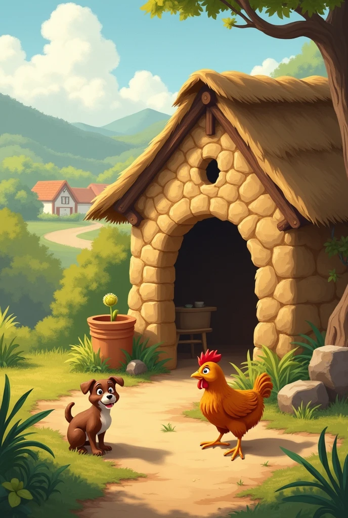 Mud house with dog, cat and chicken in front