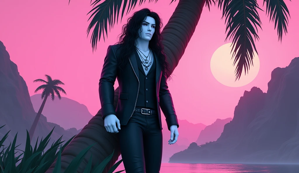 Handsome tall square Roblox male doll, with long black rocker hair, emo clothes and no lips, white skin, no mouth, and beautiful body, Dominant pose, leaning on a palm tree, cartoon, Vice City GTA, stone mountain background on the beach with pink sky