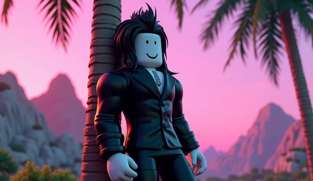 Handsome tall square Roblox male doll, with long black rocker hair, emo clothes and no lips, white skin, no mouth, and beautiful body, Dominant pose, leaning on a palm tree, cartoon, Vice City GTA, stone mountain background on the beach with pink sky