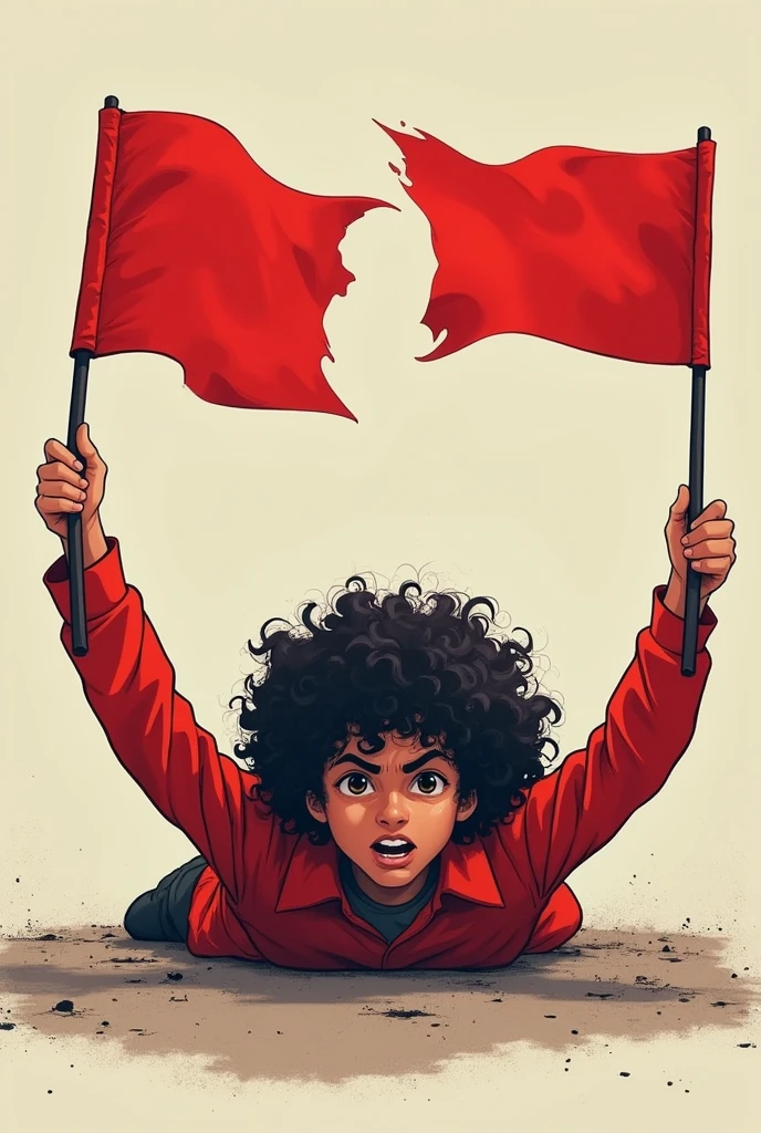 Create the image of a curly-haired teenager, prostrate on his knees, more or less sideways, waving two red flags