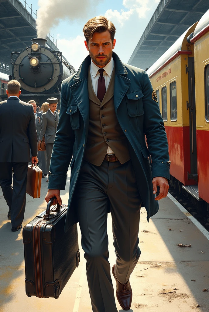 Drawing of a man with a suitcase getting off the train looking forward