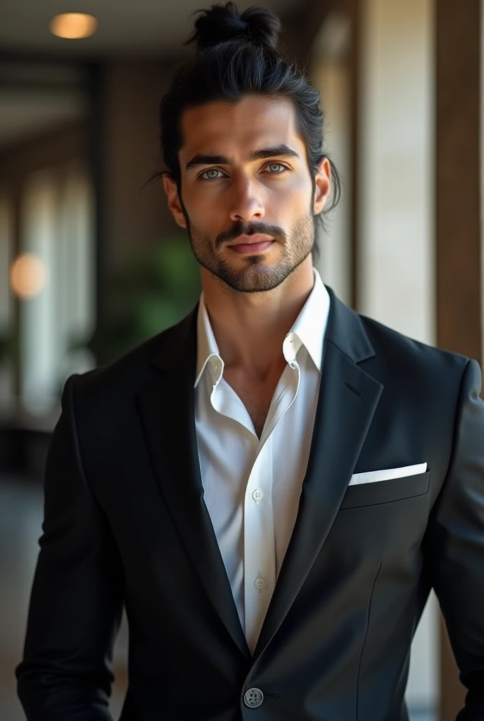 Handsome tall man young fair skin black hair with bun blue eyes muscular sexy businessman 