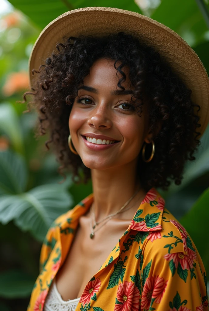 A Brazilian woman in a lush tropical garden, wearing an open shirt with a floral print, with a close-up capturing the harmonious beauty between her and the natural flowers, showing off your natural charm and outgoing personality.
