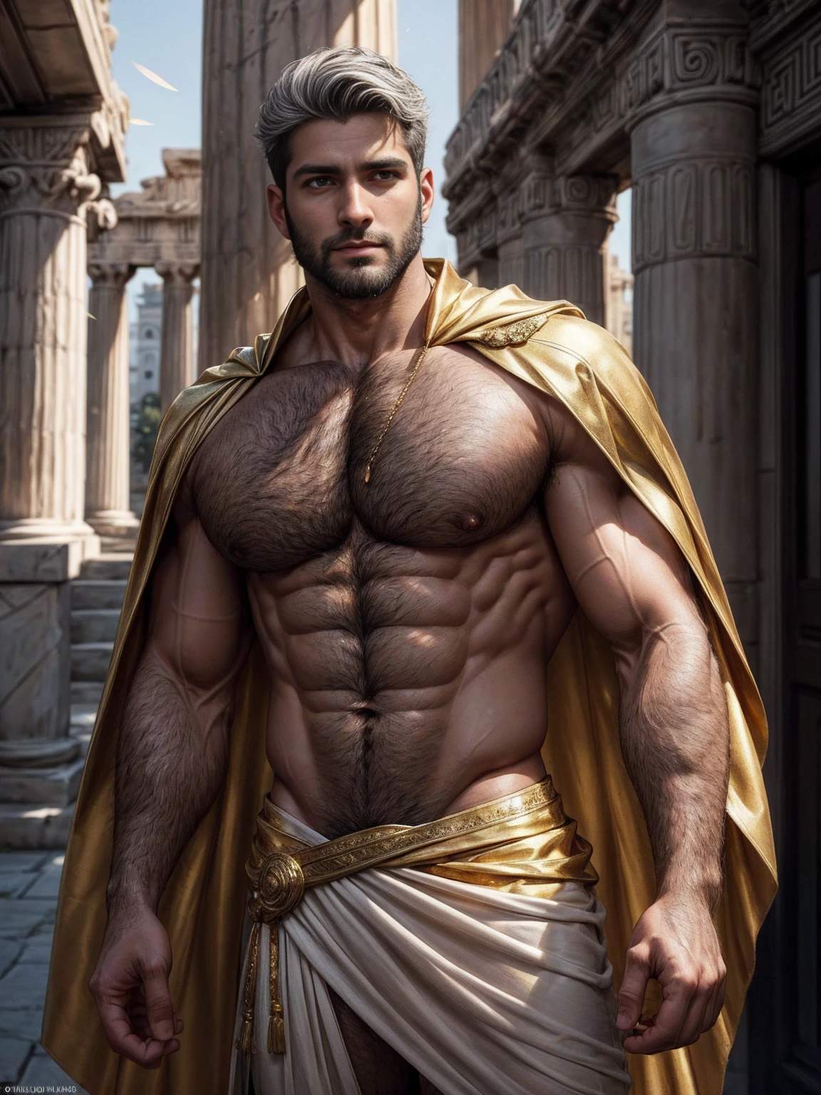 On a sunny day, ((artwork)) ((body completo)) ((30 year old man)) body: brownish skin, high, muscular, ((body hair)) (( hair)) male face, barba, beautiful eyes, detailed eyes ((Gold colored eyes)). Expression: Seductive, sonrisa Seductive. CLOTHES: Greek Cape, TOGA BLANCA, Gold ornaments, greek prince ornaments. pose: dynamic. scene: greek temple, Greek columns. Decor: winter, decoración de winter brillante, Wonderful lighting. Seed in the sky. mature male, Skinny and tall!(Chest hair:1.8) ! High detail 8K)! ((Realistically)), ! ! Popular clips! ( High-detail 8k ((realistically)), big hairy black areola! , best quality, r,More Detail!!Triangle low-rise !Mid-scene photography!hairy breasts, thick hair , Reddit, photo realism, , white hair! photo realism, !Short hair!! abs,