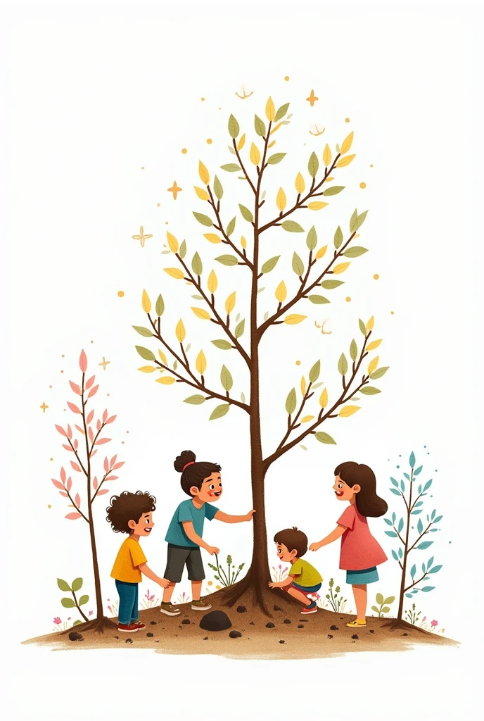 People planting magical trees. white background. drawing style, filled line art, 2d.