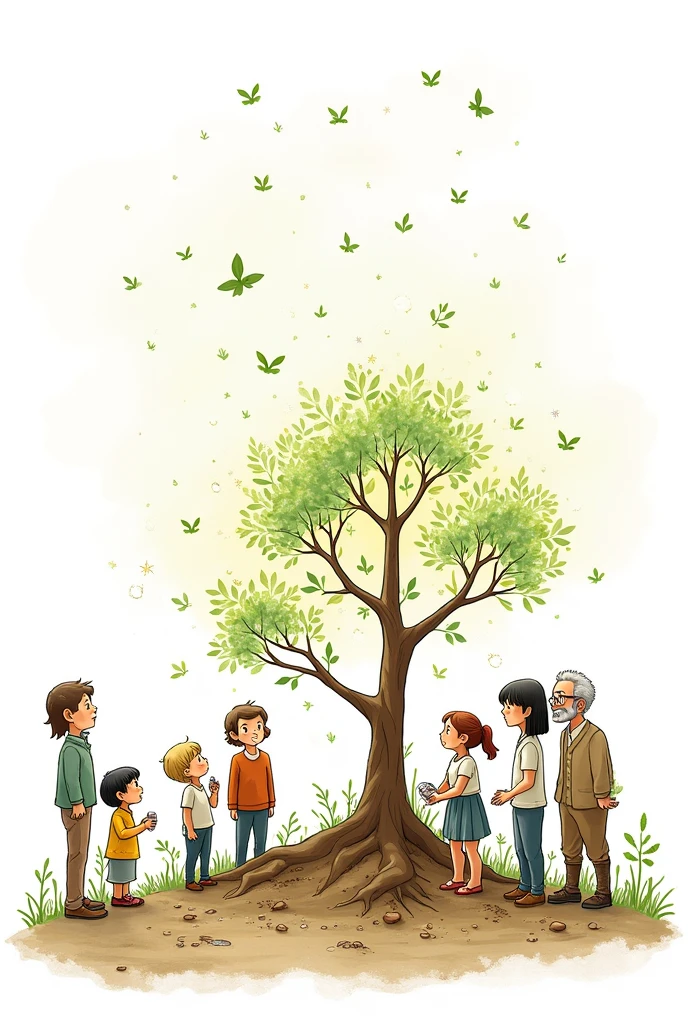 People planting magical trees. white background. drawing style, filled line art, 2d.