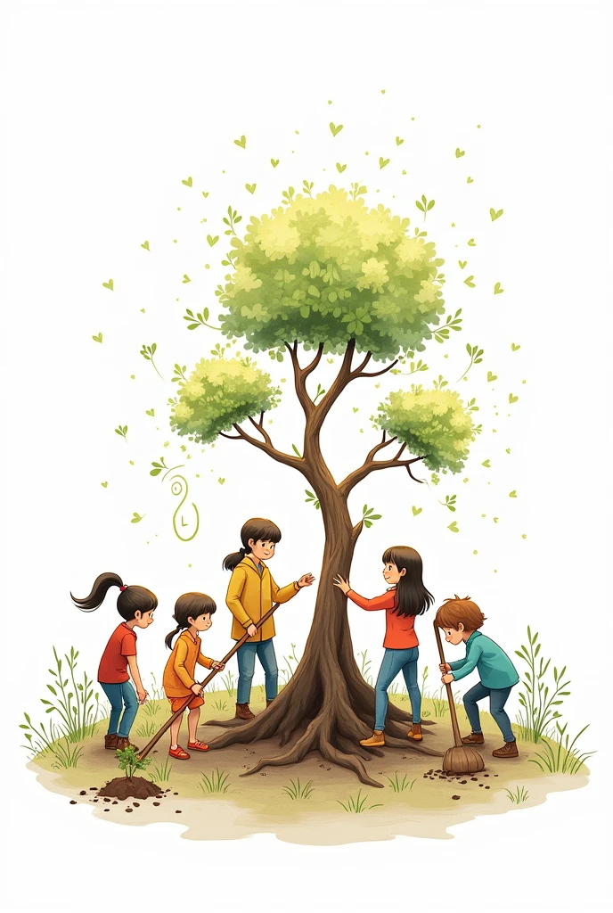 People planting magical trees. white background. drawing style, filled line art, 2d.