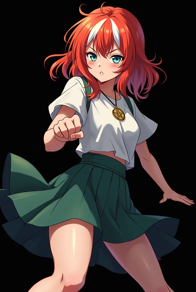 full image of an girl, personagem do anime "JUJUTSU KAİSEN", with medium length straight fire-colored hair with two white highlights in the front, framing your face, blue-green eyes and pale skin. she is a Wiccan, she is in fighting pose. she wears a pentagram necklace, tight skirt, beautiful women's high-top shoes and ¾-long socks. with animation by Gege Akutami, anime creator. black backdrop.