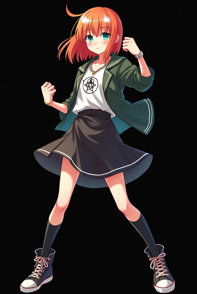 full image of an girl, personagem do anime "JUJUTSU KAİSEN", with medium length straight fire-colored hair with two white highlights in the front, framing your face, blue-green eyes and pale skin. she is a Wiccan, she is in fighting pose. she wears a pentagram necklace, tight skirt, beautiful women's high-top shoes and ¾-long socks. with animation by Gege Akutami, anime creator. black backdrop.