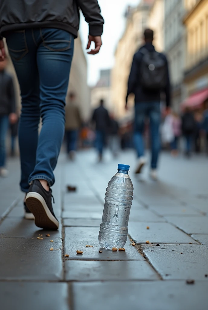 A person throws an empty water bottle on the ground and continues walking, Throw away the empty bottle 