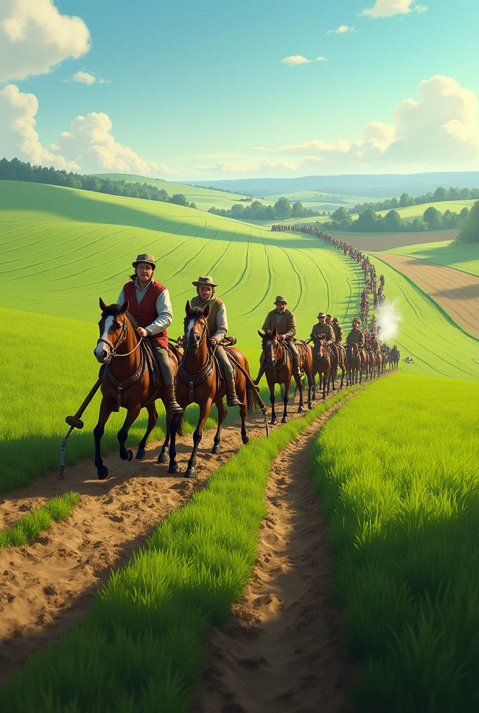 A green field plowed by teams