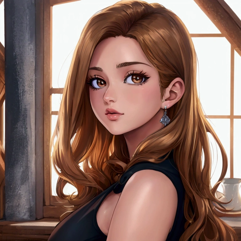 Highest quality, masterpiece, 8K, anime, High resolution, close up, brown hair with blonde highlights, light brown eyes