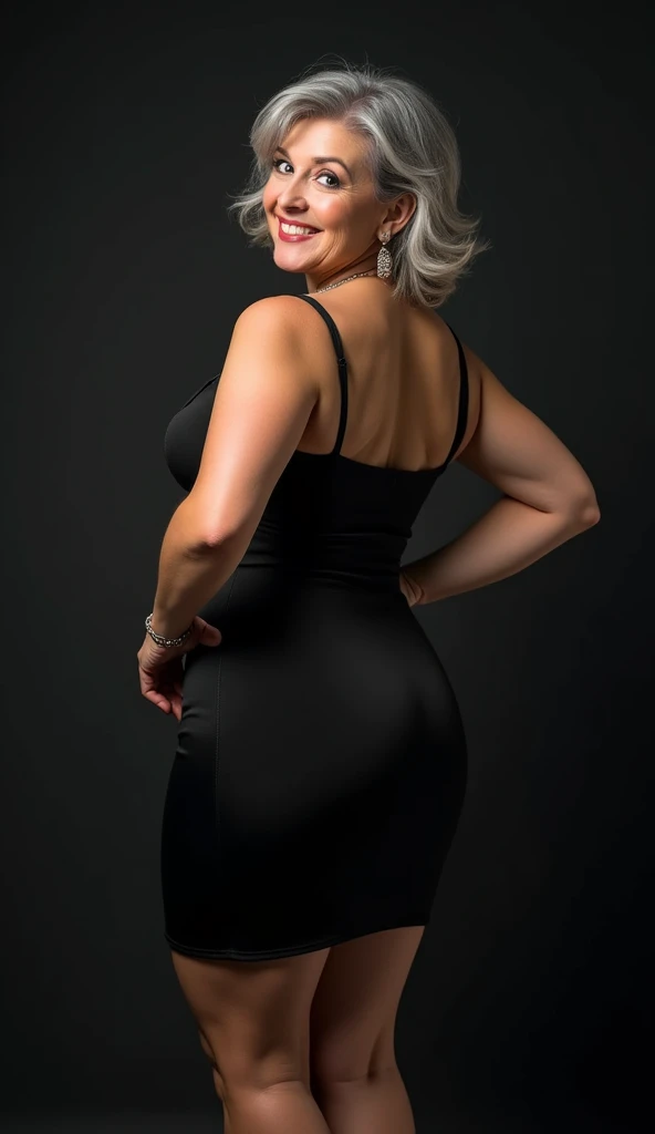 1 mature woman, 60 years old, older woman appearance, in studio, Alone, medium casual hair, bob hair, Curvy body, voluminous, hot, photo from behind, sticking her ass out, Looking at camera, gray hair, Bare shoulders, Brown eyes, jewelry, full body, a necklace, off the shoulders, (wearing elegant very short sheath dresses), Distant photo, realistic, A sexy, beautiful color, perfect skin, 3 bust size, 5 hip size, 5 ass size, (realistic, A high resolution), 1 beautiful sexy mature older woman, big expressive blue eyes, happy, (8K, RAW photo, best quality, high detail, curvy shapes, Curvy body, Seductive pose, in studio Photo with three door lighting, with black wall background she is with her back to the photographer.