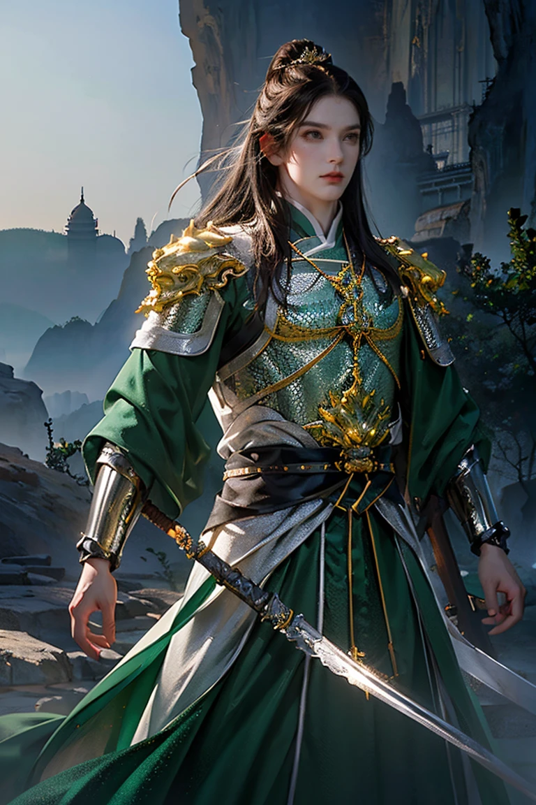 a man with short brown hair dark green eyes wearing Chinese gold and green armor over traditional Tang dynasty clothing, emerald and gold tones, bringing power and royalty to the image, he has a wispy and imposing beard (best quality, 4k, 8k, high resolution, art - prime: 1.2), ultra detailed, (realistic, photorealistic, photorealistic: 1.37), extremely detailed eyes and face, long eyelashes, intricate armor details, traditional Chinese robes, loose hair, emerald color palette and silver, powerful and serene expression, dramatic lighting, cinematic composition, award-winning digital art
