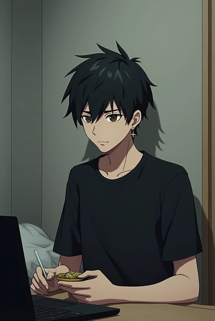 Anime guy with black hair, blocked hair, a brow, dark eyebrows, brown-black eyes, a black cross-shaped earring on the left and silver on the right, wearing a black T-shirt, is sitting and eating in a small rented room. He is a lonely man, but he doesn't feel sad, but he doesn't smile either. The bedroom has a bed and a table with a black laptop on it.