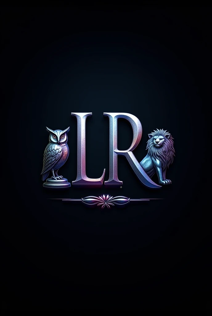 Metallic blue law firm logo with metallic violet LR licensed initials, Metallic owl and lion and metallic scales and black background