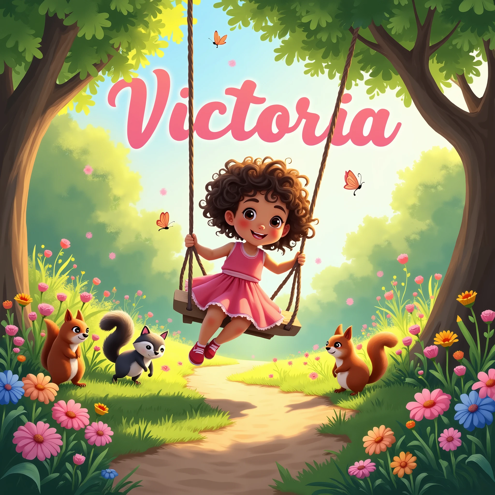 beautiful big garden in spring leaves flying,a swing in the trees, butterflys, squirrel, raccoon, birds a smiling brown child brown eyes in a pink dress baby , with curly hair on the swing playing, many flowers along the dirt road,large image of the name Victoria written in light baby pink in the background, high resolution