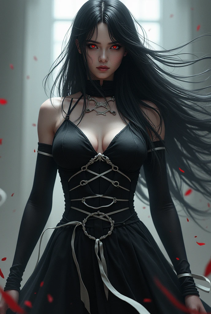 Tall and strong character with long black hair, and with white ribbons on the body and red eyes and man