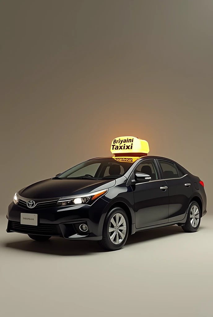 Design a food packaging box featuring a black 2005 Toyota Corolla with a blinking roof light box displaying the name “Briyani Taxi.” The car should be the central element, with the light box clearly visible on top.