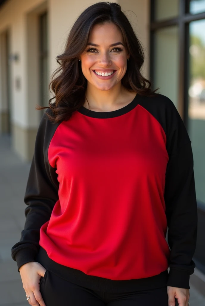 A piece of clothing: red black round neck sweatshirt, 38D cup breast, very attractive face, cute smile, full length photo