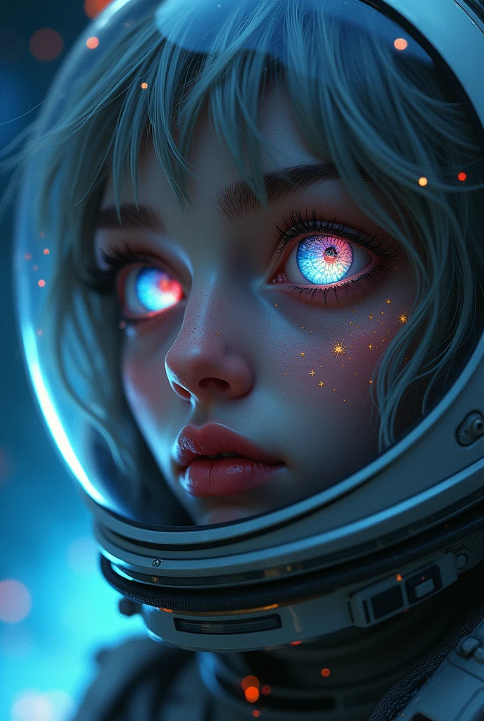 (Close-up of a better masterpiece:1.5)0.9], (Space and astronauts:1.2) (Messy silver hair:1.1) (Heterochromia xanthochromia and blue eyes:1.2) (Space Helmet:1.0) (Colored stars in the eyes:1.0) (A radiant glow:1.1) (thick lips:0.9)