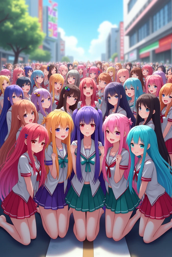 7,000 anime girls with very long hair wearing colorful very short skirts, colorful very long leggings, and colorful hirajuku stand super close together, face forward, take off their shoes, kneel, and wink slightly as they take a group photo.