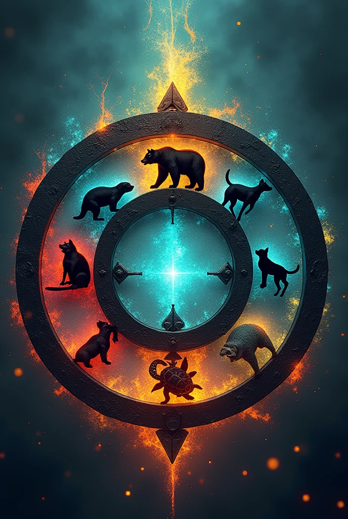 An iron circle with the symbol of a Scarlet Macaw, the symbol of a brown bear, the symbol of a Raccoon, the symbol of a black dog, the symbol of a sea turtle, the symbol of a Jaguar and the symbol of a white dog in each space 
