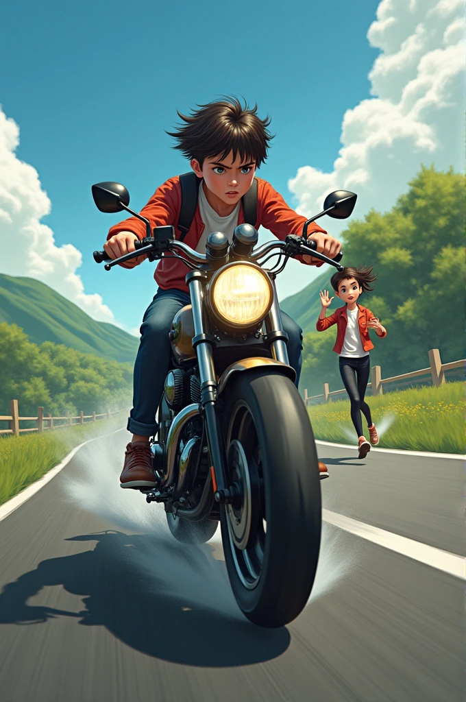 the boy driving his motorbike at his speed and the girl standing beside the road get shocked after seeing him.