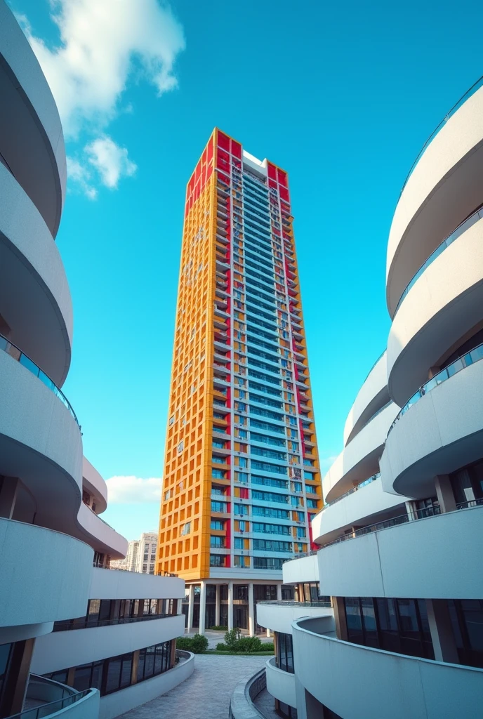there is a tall building in the background with a blue sky, red - yellow - blue building, architectural shot, the neat and dense buildings, architecture photo, rounded architecture, architecture photography, low angle dimetric composition, city streetscape, layers of architecture, buildings, red building, perspective from below, tall buildings on the sides, urban architecture, arhitectural shot