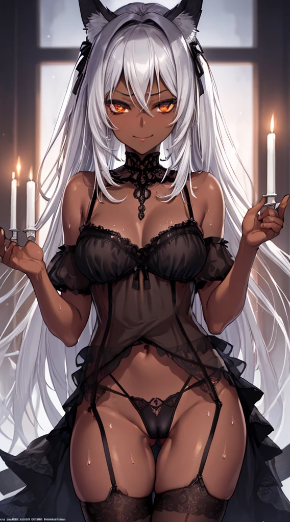 （dark skin,Silver Hair,Fox Girl）,(Perfectly detailed face),(Young) ,Black Lingerie, Black negligee,stockings, garter belt,cameltoe,shrine,noon,sweaty,Smirk,High resolution, masterpiece, Highest quality, High resolution, Cowboy Shot