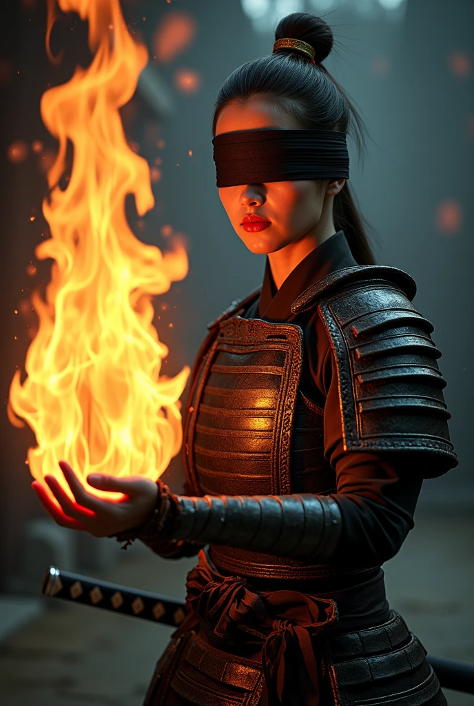 female samurai with blindfold and flame in hand