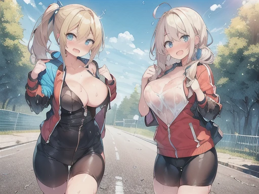 twins,(Two Girls),((standing on the right,Blonde twin tails)),(((Stand on the left,Blonde ponytail))),(Very curled hair,Blue ribbon,Bright blue eyes,freckles),(mega breasts),high school girl,BREAK,((Skin-tight clothing,Road bike,bicycle,Sweat,Wet clothes),cleavage