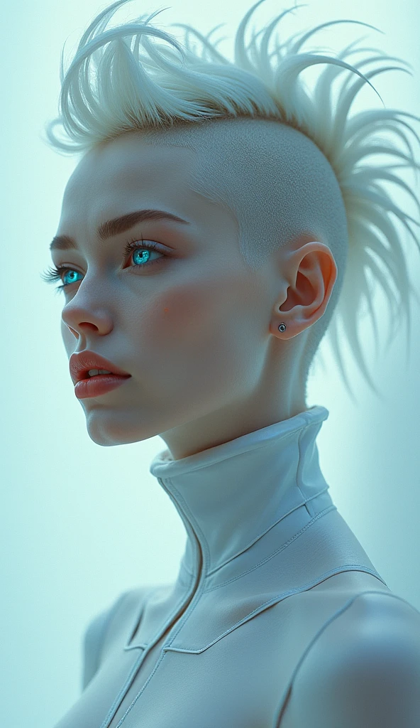 gorgeous beautiful female creatures from another planet, mohawk hair and silvery blue eyes, futuristic high tech ,chromed clothes that reflect faint multicolors,Pinterest award, half body,very feminine, crisp, neat, bright and shiny feeling of strength and spiritual transcendence, sober, clean, sleek, minimal, simple background of one color, masterpiece, top detailed, ultraHD spectacular studio light HDAlta resolución, Preciso, Detalle, Calidad, Alta calidad, Muy detallado, UHD, Piel texturizada, Sonrisa ligera, Fondo simple, Desde abajo, Minimalismo, Pintura de acción, Arte conceptual, Realismo, Iluminación suave,