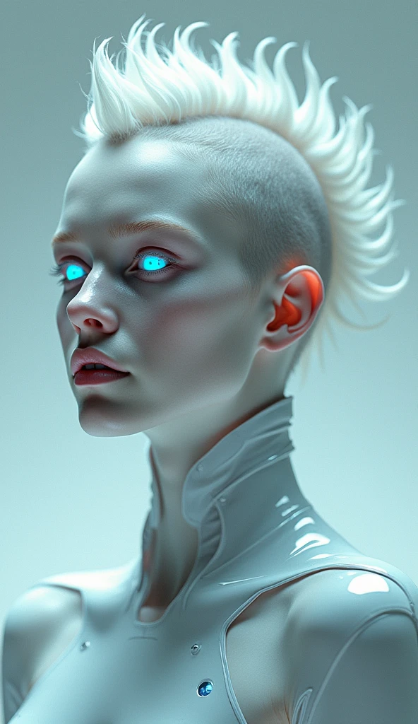 gorgeous beautiful female creatures from another planet, mohawk hair and silvery blue eyes, futuristic high tech ,chromed clothes that reflect faint multicolors,Pinterest award, half body,very feminine, crisp, neat, bright and shiny feeling of strength and spiritual transcendence, sober, clean, sleek, minimal, simple background of one color, masterpiece, top detailed, ultraHD spectacular studio light HDAlta resolución, Preciso, Detalle, Calidad, Alta calidad, Muy detallado, UHD, Piel texturizada, Sonrisa ligera, Fondo simple, Desde abajo, Minimalismo, Pintura de acción, Arte conceptual, Realismo, Iluminación suave,
