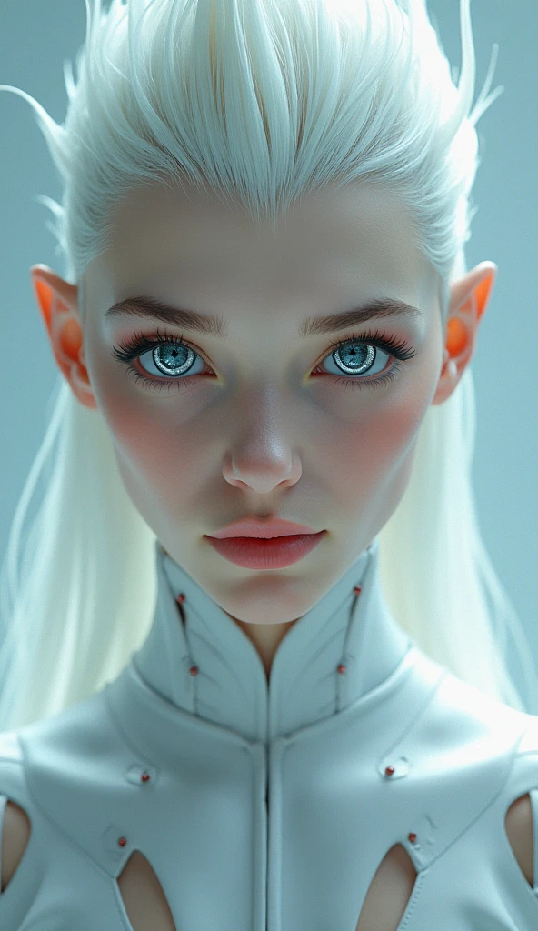 gorgeous beautiful female creatures from another planet, mohawk hair and silvery blue eyes, futuristic high tech ,chromed clothes that reflect faint multicolors,Pinterest award, half body,very feminine, crisp, neat, bright and shiny feeling of strength and spiritual transcendence, sober, clean, sleek, minimal, simple background of one color, masterpiece, top detailed, ultraHD spectacular studio light HDAlta resolución, Preciso, Detalle, Calidad, Alta calidad, Muy detallado, UHD, Piel texturizada, Sonrisa ligera, Fondo simple, Desde abajo, Minimalismo, Pintura de acción, Arte conceptual, Realismo, Iluminación suave, 