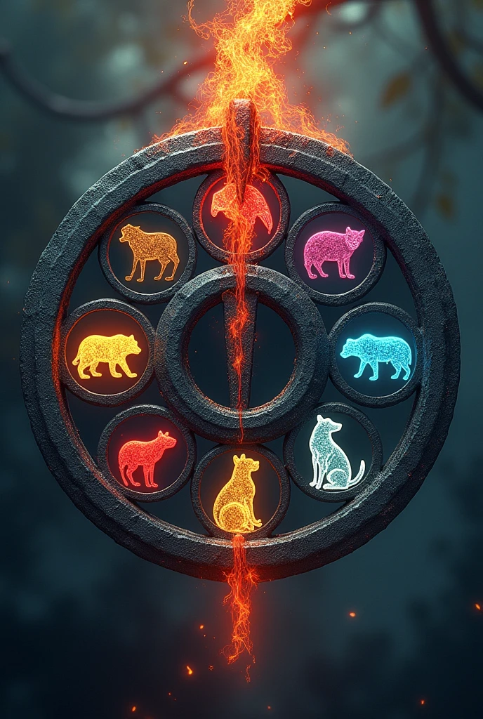An iron circle with the symbol of a Scarlet Macaw, the symbol of a brown bear, the symbol of a Raccoon, the symbol of a black dog, the symbol of a sea turtle, the symbol of a Jaguar and the symbol of a white dog in each space