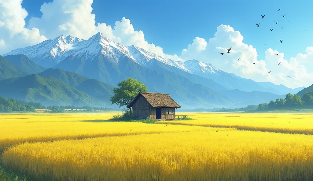 The hut is in the middle of a golden-yellow rice field. There is a beautiful mountain range in the background. And there were many birds flying in the sky.