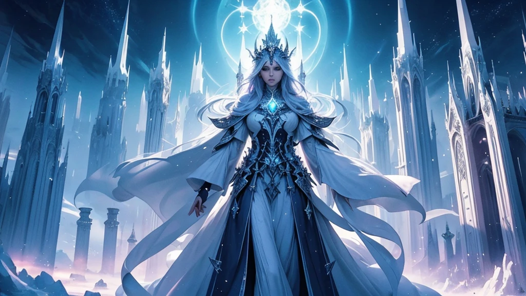 Create an image of the Warlock Kingdom, a realm that resembles a heavenly paradise, ruled by a dynasty of warlocks who master light magic, arcane manipulation, and subtle arts. The kingdom's landscape should be bathed in soft shades of blue and white, with luminous clouds, floating islands, and crystalline structures that sparkle with an otherworldly glow. The architecture should be ethereal, with tall, elegant spires and bridges made of pure light, resembling a celestial city in the sky. A select few individuals within the kingdom possess the rare ability to control time, represented by glowing hourglasses or intricate timepieces integrated into the heavenly environment. The overall style should be serene, majestic, and filled with divine light, capturing the celestial and powerful nature of the Warlock Kingdom.