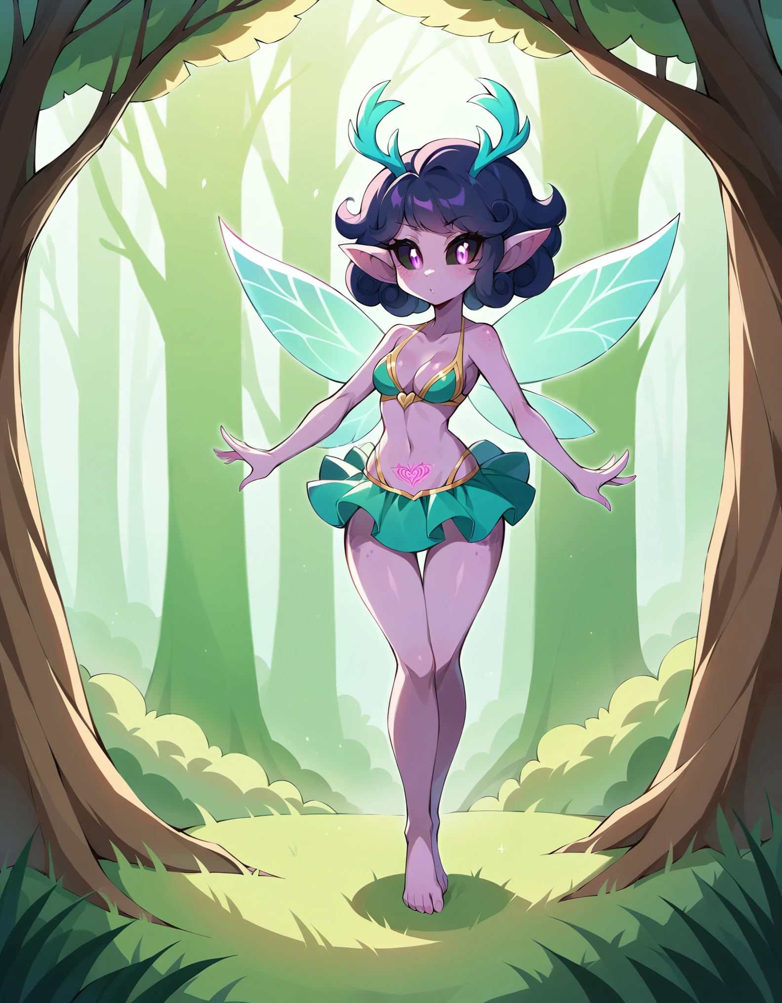 Fairy-tale environment, forest background, tree silhouette, shadowy forest, Prismatic coloration. Jungle like environment. A young woman with purple skin, lit up with heavy freckles & a set of B-cup breasts, bearing curvaceous hips, Slender Legs, & a round yet small ass standing in a wild forest. She has short, White curly hair. She is wearing a cute grass bikini, made up of a grass bra along with a grass skirt. She has a serious face & a stern gaze in her sharp Starlike Violet Glowing eyes with black sclera & a heavy freckled form. She has Long sharp translucent Crystal cyan deer Antlers & a set of elk like ears. She has a small cute nose. She has large golden Fairy-like wings with a & an obvious short fluffy wolf like tail with great detail. She is completely barefoot. She has a Glowing heart womb tattoo hidden by her skirt. She is standing in a battle ready position, summoning a burst of stardust from her fingers