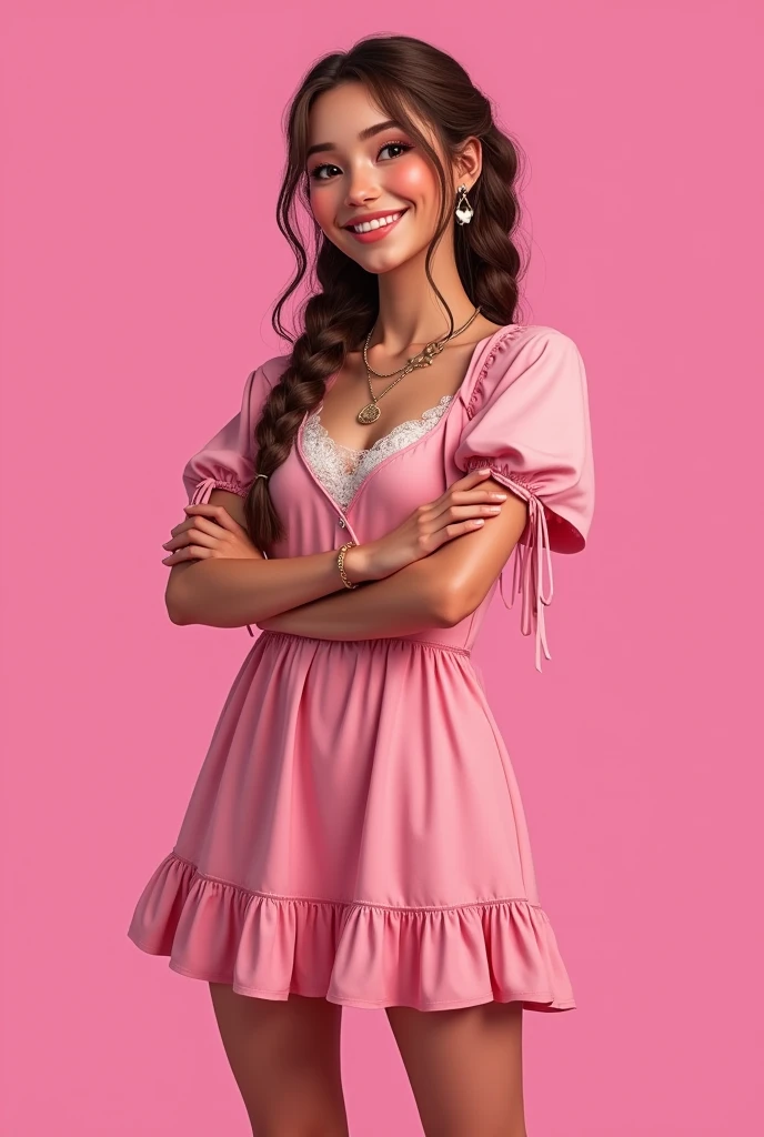 Light brunette female teenager with boxer braids on a pink background and a nice dress with a wide but not fat body who likes the color pink and likes music 