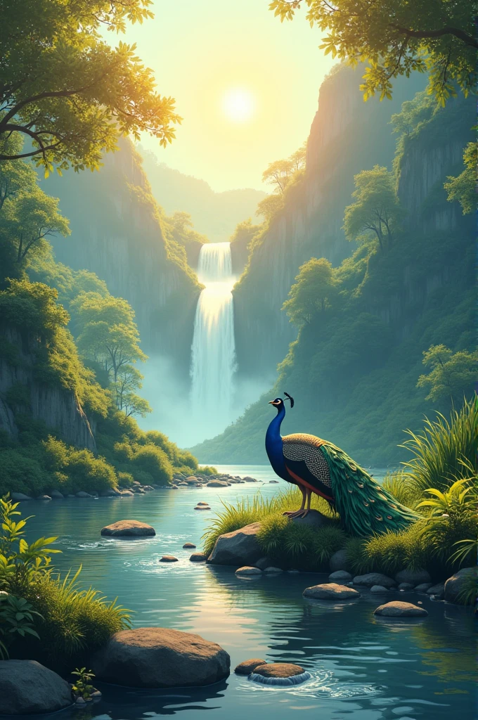 A peacock icon that in a Myanmar Student Union of the flag take a rest on the stone beside of the stream. The morning sun is shining. The water falls is staying on the mountain. A drawing vector landscape image.