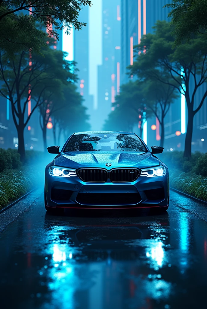 A bmw m5 in cyber city with blue
 neon light in futuristic world driving in forest