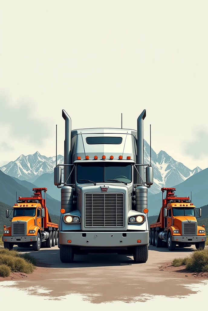 A tractor-trailer truck That can be seen drawn That has a mountain drawn in the background That can be seen drawn The mountain that looks a little lower Two tow trucks on each side One on the left and one on the right of the tow trucks Put a text that says "transportes SALKANTAY SAC"in the same image Color the same image Another model of tow truck Only one tow truck can be seen Eliminate the ones on its sides Eliminate the trucks on its right and left