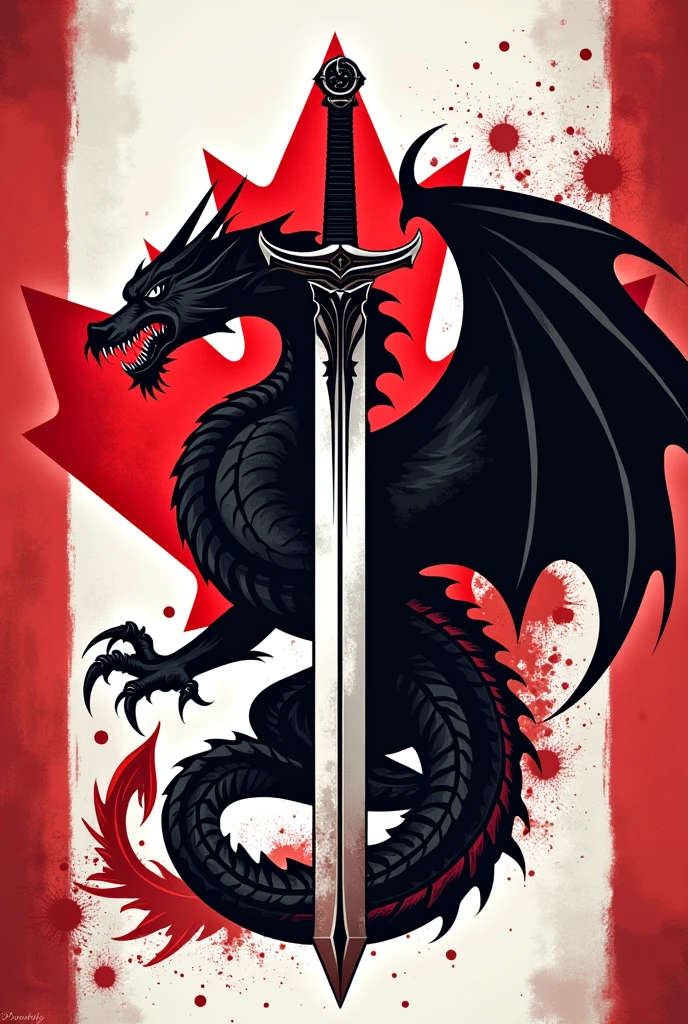 Canada T-shirt with black details of a dragon with a white sword and red dragon 