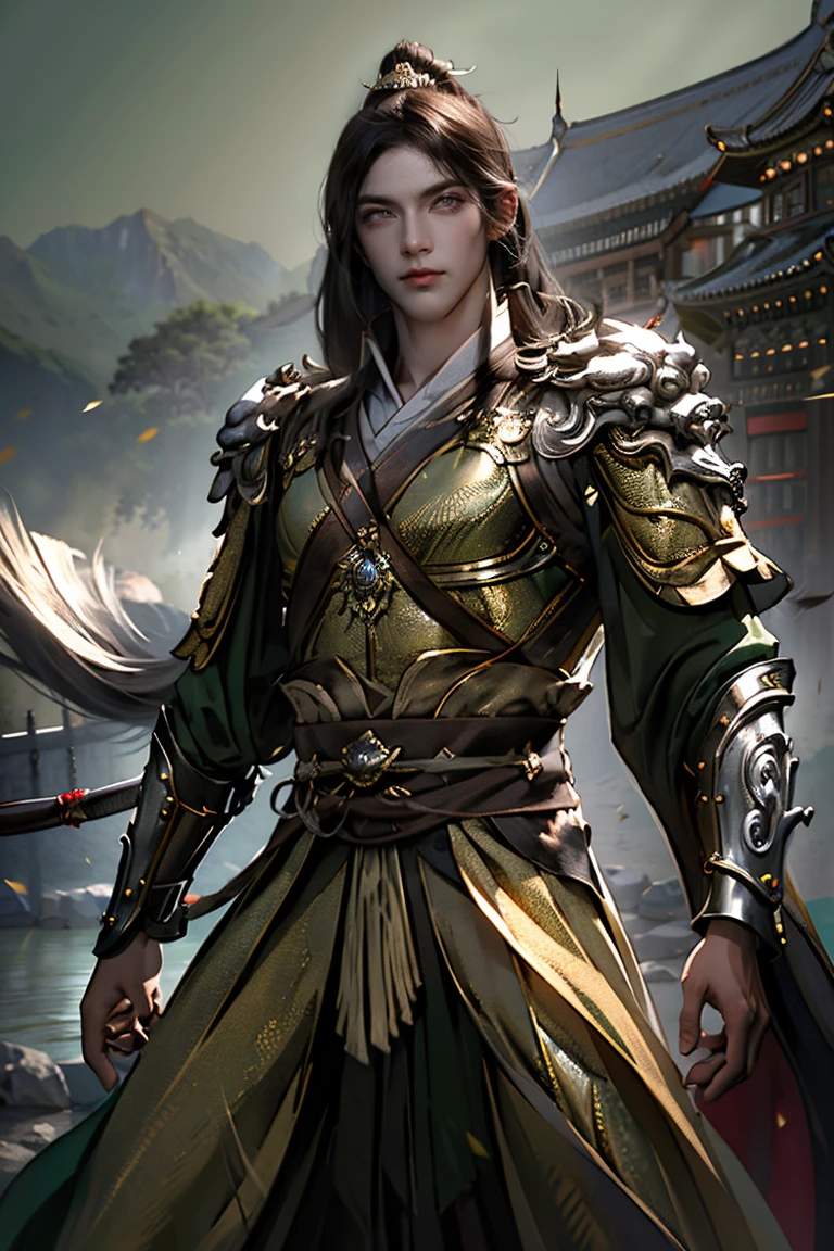 a man with short brown hair dark green eyes wearing Chinese gold and green armor over traditional Tang dynasty clothing, emerald and gold tones, bringing power and royalty to the image, he has a wispy and imposing beard (best quality, 4k, 8k, high resolution, art - prime: 1.2), ultra detailed, (realistic, photorealistic, photorealistic: 1.37), extremely detailed eyes and face, long eyelashes, intricate armor details, traditional Chinese robes, loose hair, emerald color palette and silver, powerful and serene expression, dramatic lighting, cinematic composition, award-winning digital art